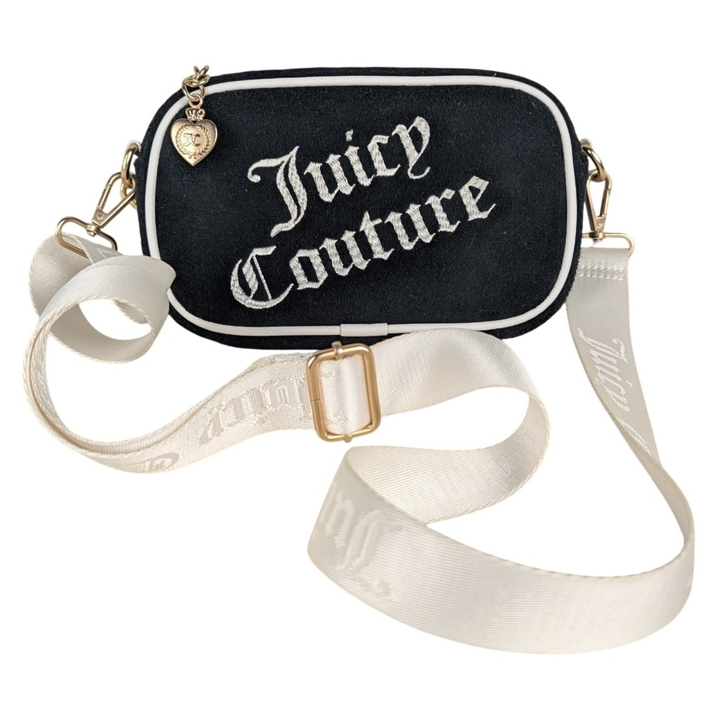 Juicy Couture Black Velour Heart Crossbody Bag White Logo Web Strap Y2K Style